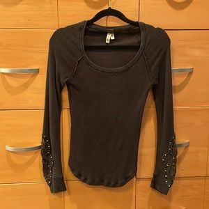 Free People, We the free waffle knit dark grey long sleeve with detailed arms.